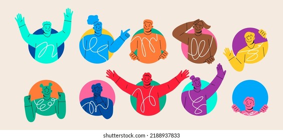 People doing various gestures in a circular frame. Men and women looking out of circle window. Colorful vector illustration
