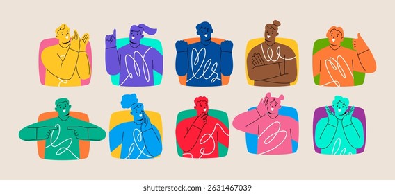 People doing various gestures in a square frame. Men and women looking out of square window. Colorful vector illustration 
