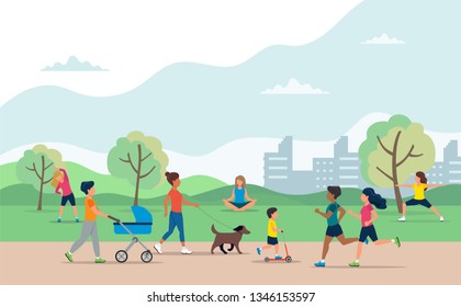 People doing various outdoor activities in the park. Running, on bike, on scooter, walking the dog, exercising, meditating, walking with baby carriage. Vector illustration of healthy lifestyle.