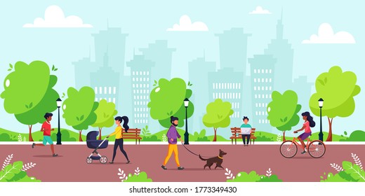 People doing various outdoor activities in the park. Running, cycling, walking with dog, walking with baby carriage. Vector illustration