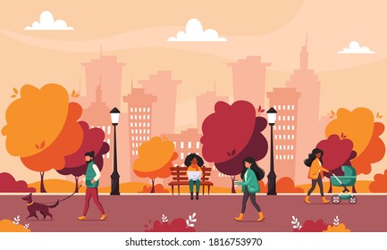 People doing various outdoor activities in autumn park. Vector illustration