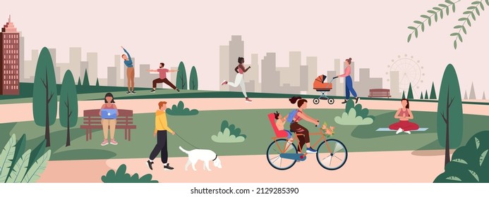 Personas haciendo varias actividades al aire libre en el parque. Corriendo, en bicicleta, caminando por el perro, haciendo ejercicio, meditando. Hombres y mujeres haciendo actividades al aire libre de verano. Ilustración vectorial de un estilo de vida saludable.