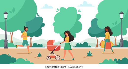 People doing various outdoor activity in the park. Woman walking in the park with baby. Man jogging. Vector illustration