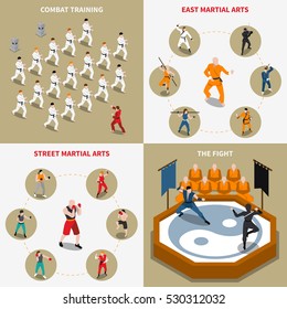 People doing various types of martial arts isometric 2x2 icons set isolated vector illustration