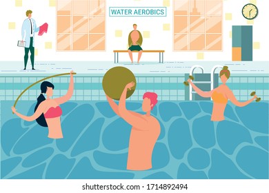 People Doing Water Aerobics. Woman Using Pool Noodle, Ball And Dumbbells In Swimming Pool. Training Sport For Weight Loss. Group Aqua Fitness Class Flat Cartoon Vector Illustration.