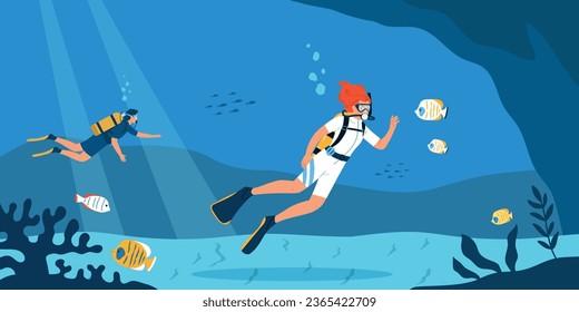 Gente haciendo deporte náutico buceo viendo peces bajo el agua ilustración vectorial plana