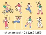 People doing weight training with dumbbells and barbells in a gym. Cute flat style workout illustration.