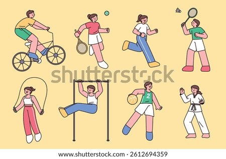 People doing weight training with dumbbells and barbells in a gym. Cute flat style workout illustration.