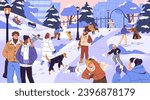 People doing winter activities in park panoramic view. Kids play snowballs, family builds snowman, couples walking, ice skating. Characters strolling dogs in snow weather. Flat vector illustration