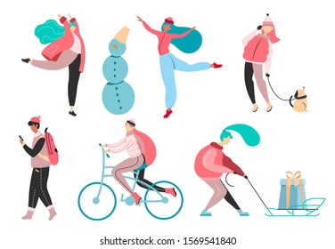 People doing winter activities. Set of male and female characters outdoor in winter clothes. Cute vector illustration in scandinavian hand drawn flat style