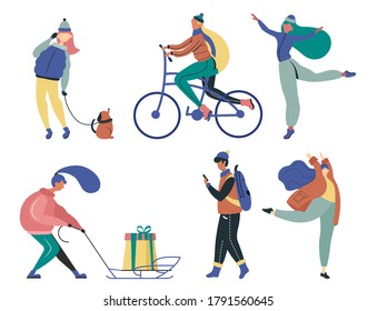 People doing winter activities. Set of male and female characters outdoor in winter clothes. Cute vector illustration in scandinavian hand drawn flat style