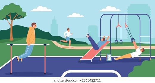 People doing workout and jogging in city park flat vector illustration