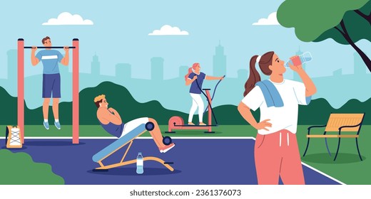 People doing workout at outdoor sports area in city park flat vector illustration