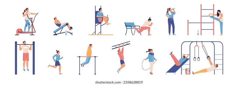 People doing workout using various sport equipment flat set isolated vector illustration