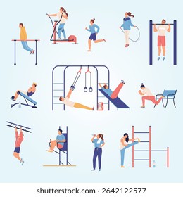 People doing workout using various sport equipment flat set isolated vector illustration sports muscle challenge dedication focus resistance physical activity progress athleticism stretching 