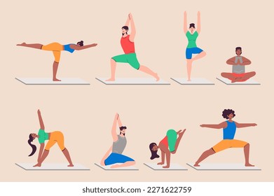 People doing yoga asanas set in flat design. Men and women practicing yoga and training, doing stretching and exercises. Bundle of diverse characters. Vector illustration isolated persons for web