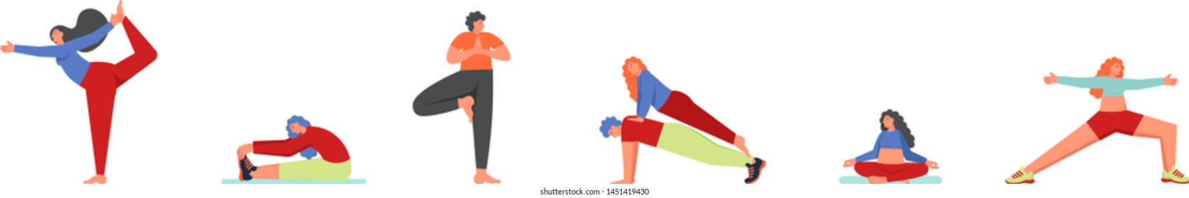 People doing yoga asanas, vector flat style design illustration isolated on white background. Tree, Plank, Sukhasana, Warrior 2, Lord of the dance yoga poses.