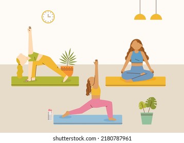 People are doing yoga in a yoga center. flat design style vector illustration.