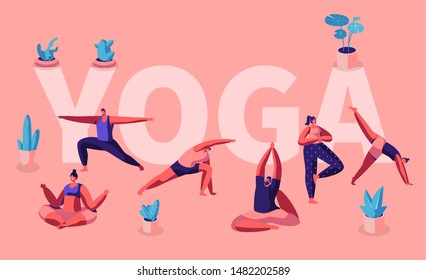People Doing Yoga Exercises. Fitness Workout in Different Poses Stretching Sport Activities . Healthy Lifestyle, Leisure Concept for Poster Banner Flyer Brochure. Cartoon Flat Vector Illustration
