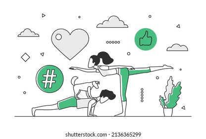 People doing yoga exercises and stretching pose. Daily fitness training for perfect shape vector monocolor illustration
