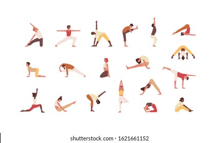 People doing yoga flat vector illustrations set. Male and female cartoon characters exercising. Men and women practicing Asana isolated collection on white background. Physical activity, workout.