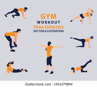 People doing yoga illustration gym workout isolated fitness exercise vector. sportswear healthy Woman training, fitness, gymnastics, bodybuilding, lifting, yoga exercises, muscles, Lunges and squats.