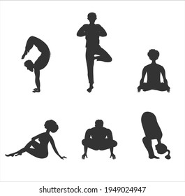 People are doing yoga. Man, woman, lotus position, handstand, gymnastics, fitness. Set of people. Dark silhouette isolated on white background. Vector illustration, flat design.