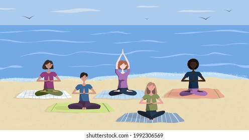 People doing yoga on beach. Beach yoga class. Healthy lifestyle, yoga  outdoors. Open air workout, physical exercising, asana. Flat vector illustration.