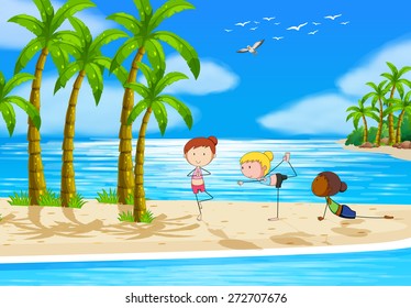 People doing yoga on the beach