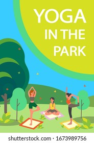 People doing yoga in the park. Asana or exercise for people in the park. Physical and mental health. Body relaxation and meditation outside. Isolated vector illustration