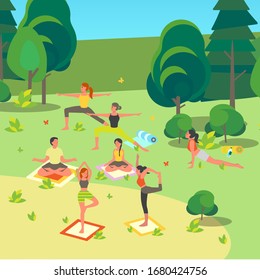 People Doing Yoga In The Park. Asana Or Exercise For People In The Park. Physical And Mental Health. Body Relaxation And Meditation Outside. Isolated Vector Illustration