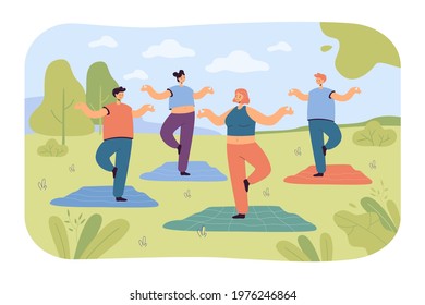 People doing yoga in park. Cartoon characters at outdoor yoga class, practicing self-care flat vector illustration. Health, recreation, wellbeing concept for banner, website design or landing web page