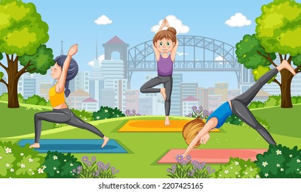 Gente haciendo yoga en la ilustración del parque