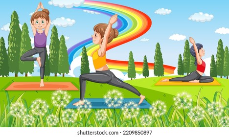 People doing yoga at park illustration