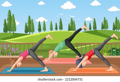 People doing yoga at park illustration