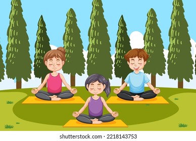 People doing yoga at park illustration
