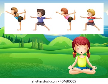 People doing yoga in the park illustration