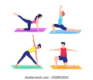 People doing yoga poses. Man and woman training at home doing yoga exercises, Healthy lifestyle, Personal trainer workout class. Illustration concept of Yoga, Exercising, meditation. Vector flat style