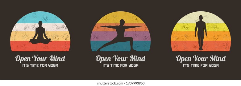 People doing yoga. Retro backgrounds set. Yogi vector silhouettes