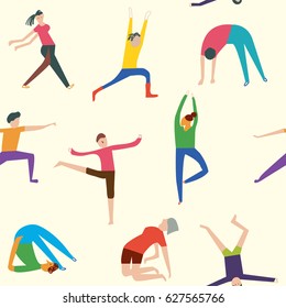 People doing yoga seamless pattern, vector graphic illustration