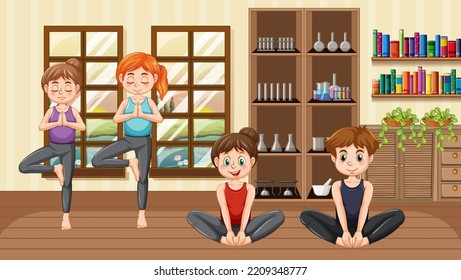 Gente haciendo yoga en la ilustración del estudio de yoga