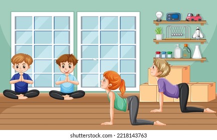 People doing yoga in yoga studio scene illustration
