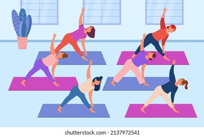 People Doing Yoga With Teacher In Gym Flat Vector Illustration. Group Of Women Doing Physical Activity, Gymnastics Or Exercises Together, Taking Care Of Health. Yoga Class, Fitness, Sport Concept