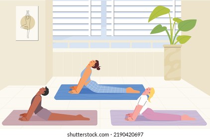 People are doing yoga together on the mat. flat design style vector illustration.