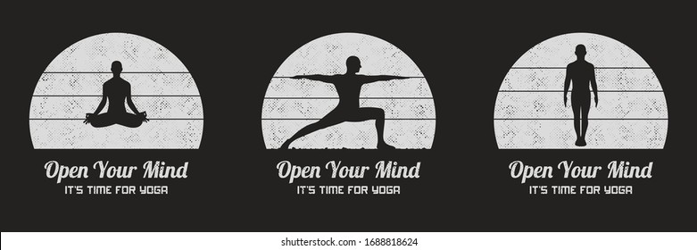 People doing yoga. Yogi silhouettes. Black white retro vector set