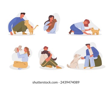 gente con animales domésticos. personajes de dibujos animados abrazan a perros, gatos, sus mascotas, propietarios aman, satisfechos, amistad. vector ilustración minimalista de concepto de dibujos animados.