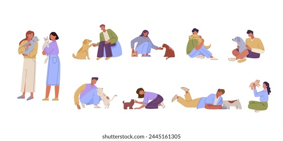 people with domestic animals. owners love, satisfied and enjoyed, friendship, cartoon characters hug dogs, cats, pets . vector cartoon concept graphics.