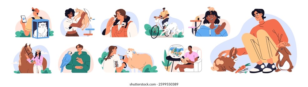 People with domestic animals set. Pet lovers love, care about their dogs, cats, rats, parrots, ferrets. Happy owners play, have fun with fluffy friends. Flat isolated vector illustration on white