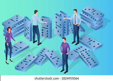 People and dominoes.Businessmen are engaged in placing dominoes.The concept of teamwork,joint search for solutions.3D image.Isometric vector illustration.