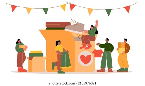 People donate clothes for charity, humanitarian aid or exchange. Vector flat illustration of women and men give old garment in cardboard donation box for poor and homeless